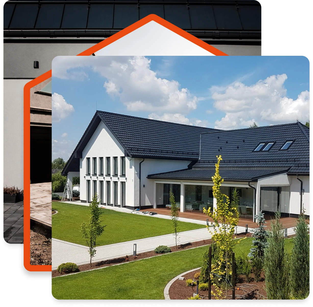 Nowoczesny dom jednorodzinny w stanie deweloperskim z elewacją i zagospodarowanym ogrodem